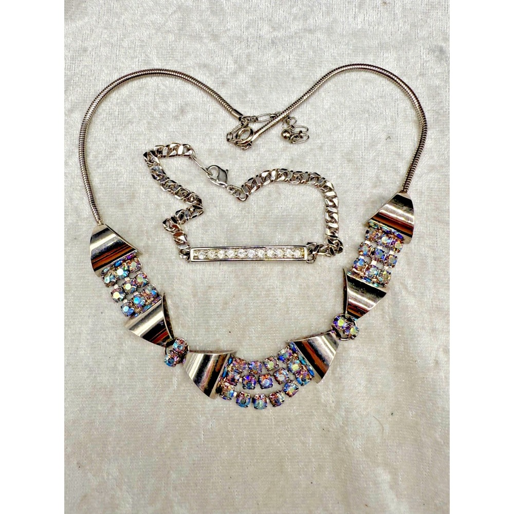 Rhinestone Bow Necklace Bracelet Set‎ AB Silver Tone 15" 7.5"